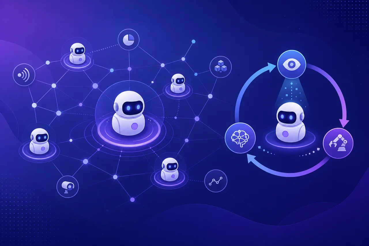 Illustration of autonomous AI agents connected in a network, following a perceive-think-act loop