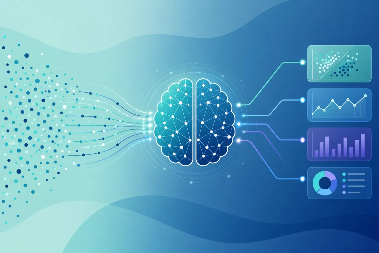 Illustration of machine learning: data flowing into a model that detects patterns and outputs predictions