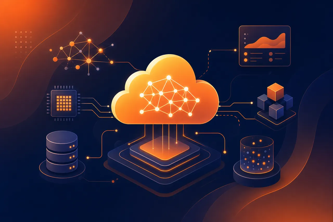 Illustration of AI services running on a cloud platform connected to data and compute