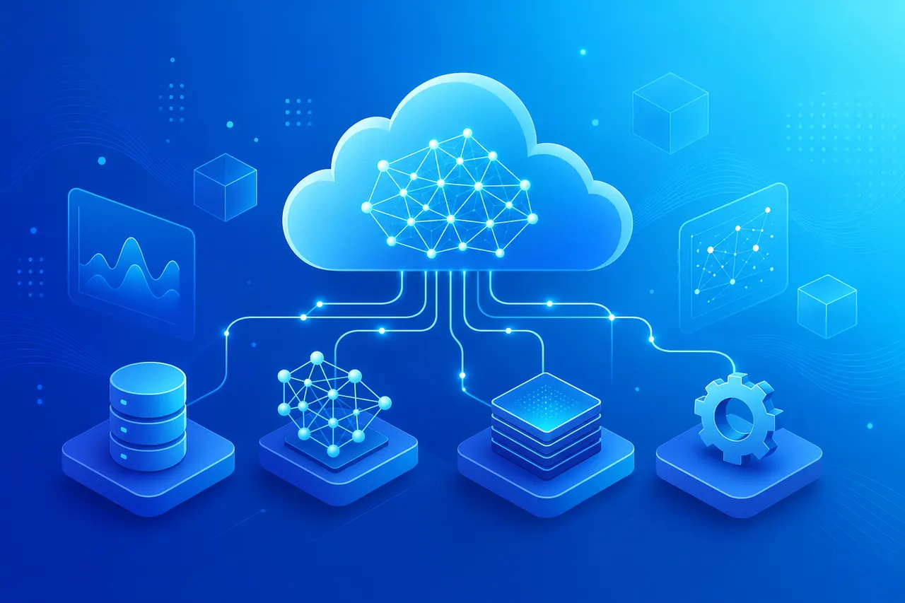 Illustration of AI and machine learning services on a cloud platform linked to data services