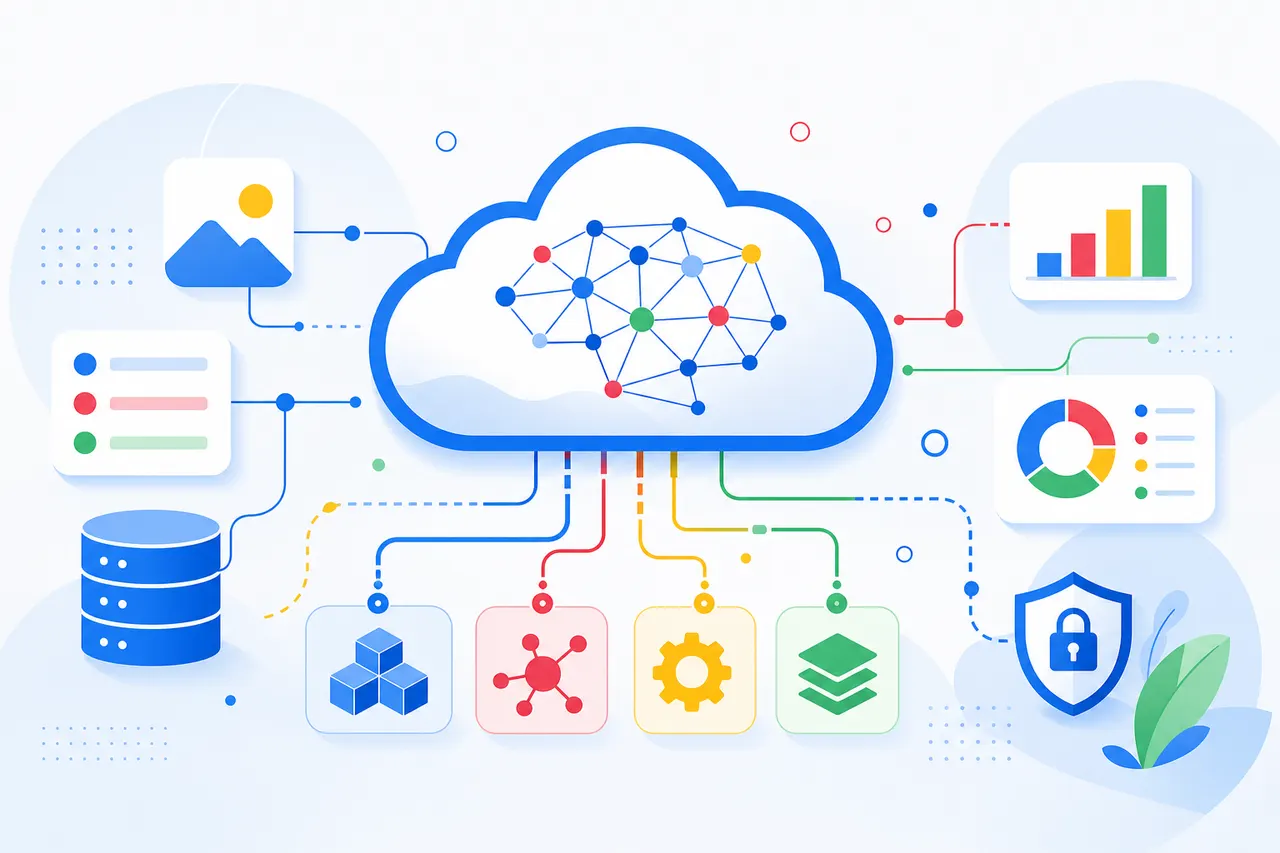Illustration of AI services on a cloud platform connected to data pipelines and analytics