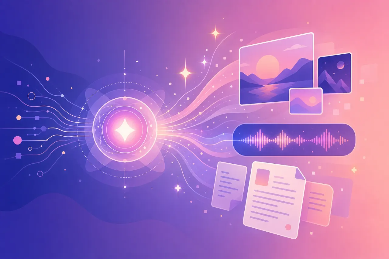 Illustration of generative AI synthesizing new images, audio, and text from a creative core